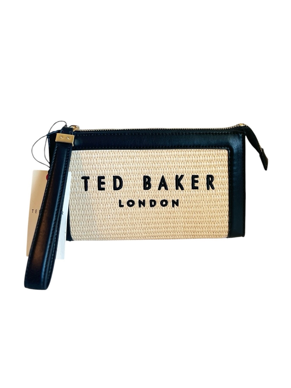 NWT Ted Baker Naomi Straw Raffia Logo Zip Clutch Bag